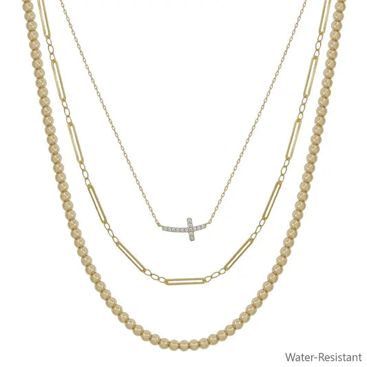 Triple Layered Beaded Necklace With Cross