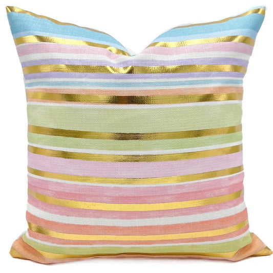 Gold Foil Pastel Watercolor Stripes Pillow-Velvet