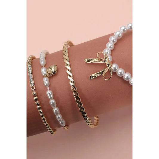 Bow Pearl Rhinestone Bar Stretch Bangle Set