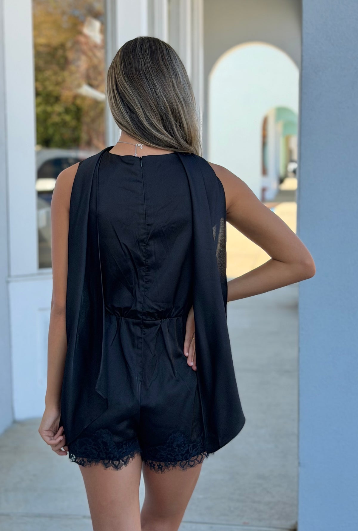 Black Satin Cowl Neck Romper
