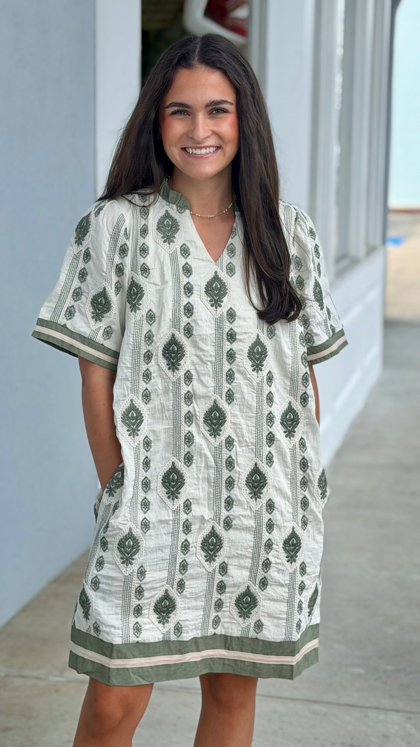 Sage Short Sleeve Embroidered  Mini Dress