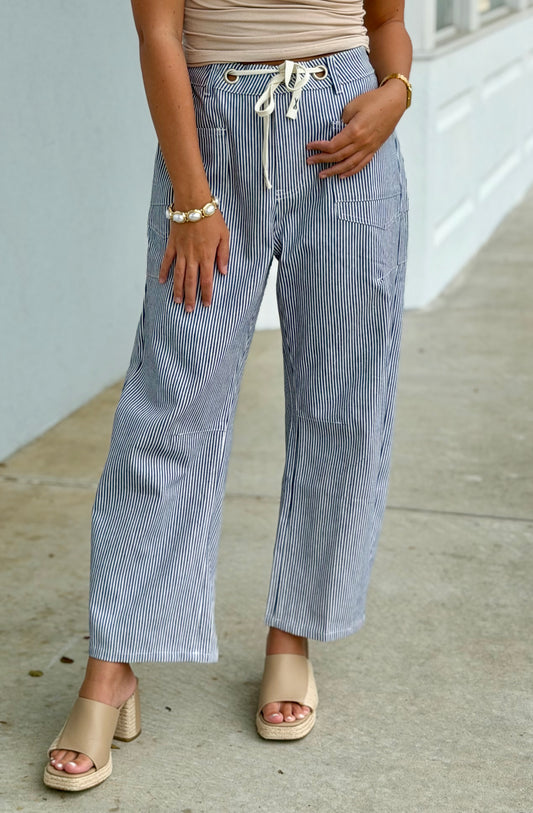 Denim Drawstring Waist Stripe Barrel Pants
