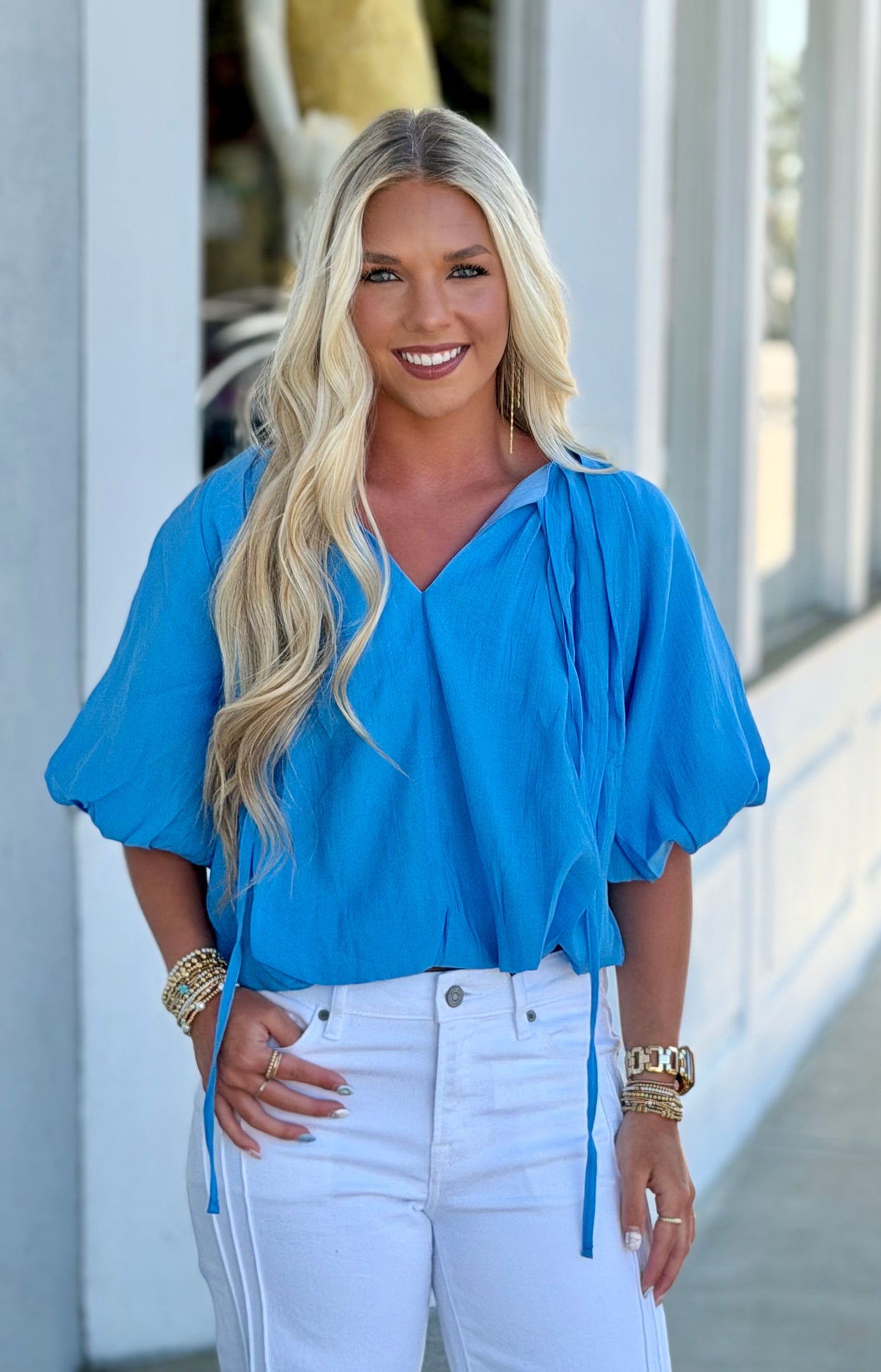 Blue Balloon Pleated Top