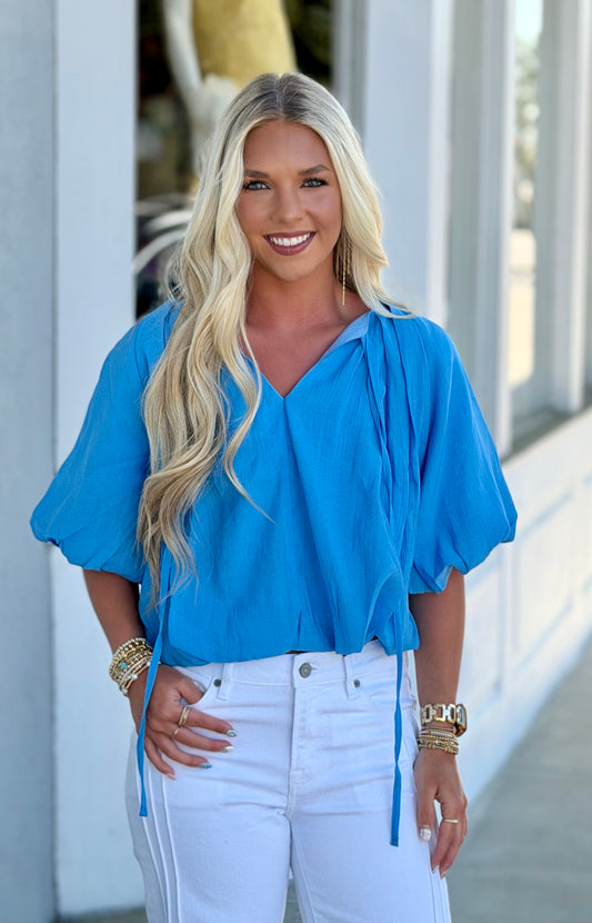 Blue Balloon Pleated Top