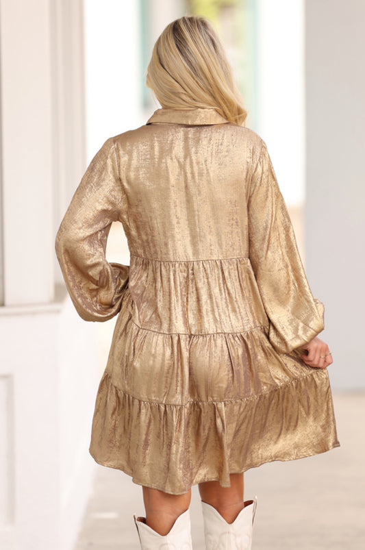 Gold Metallic Button Up Babydoll Dress