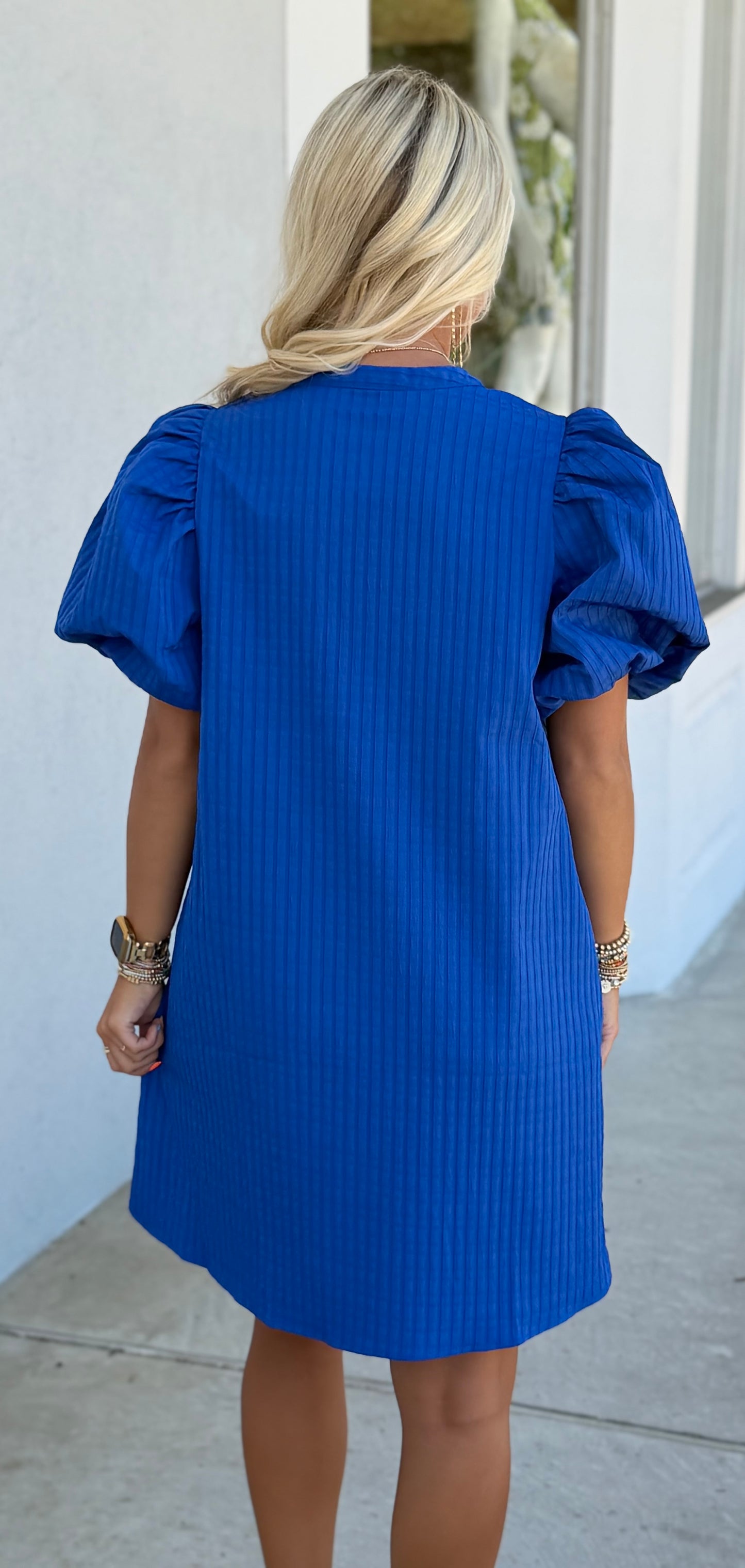 Royal Puff Sleeve V Neck Stitch Detail Dress