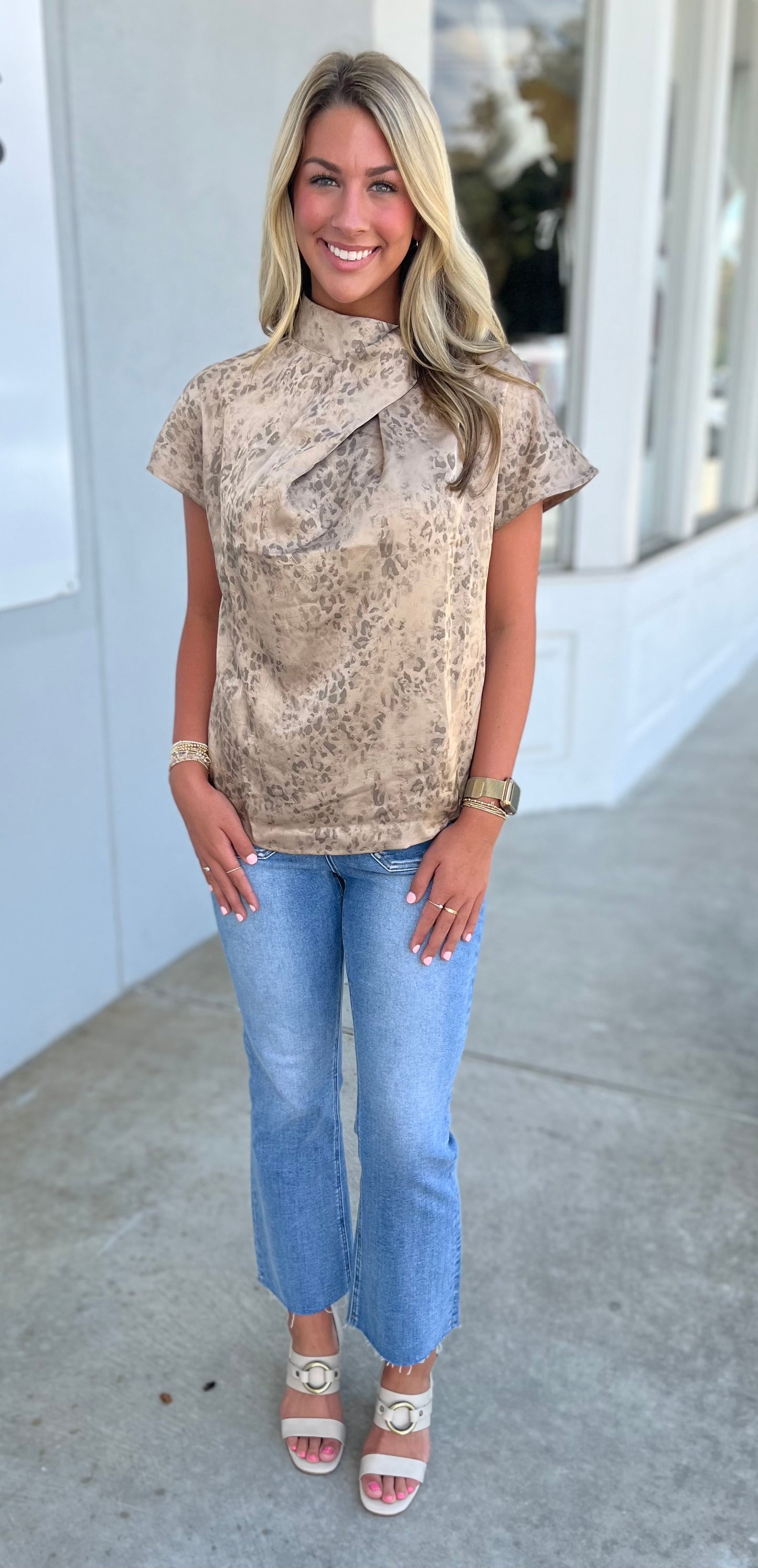 Taupe Cowl Neck Short Sleeve Top