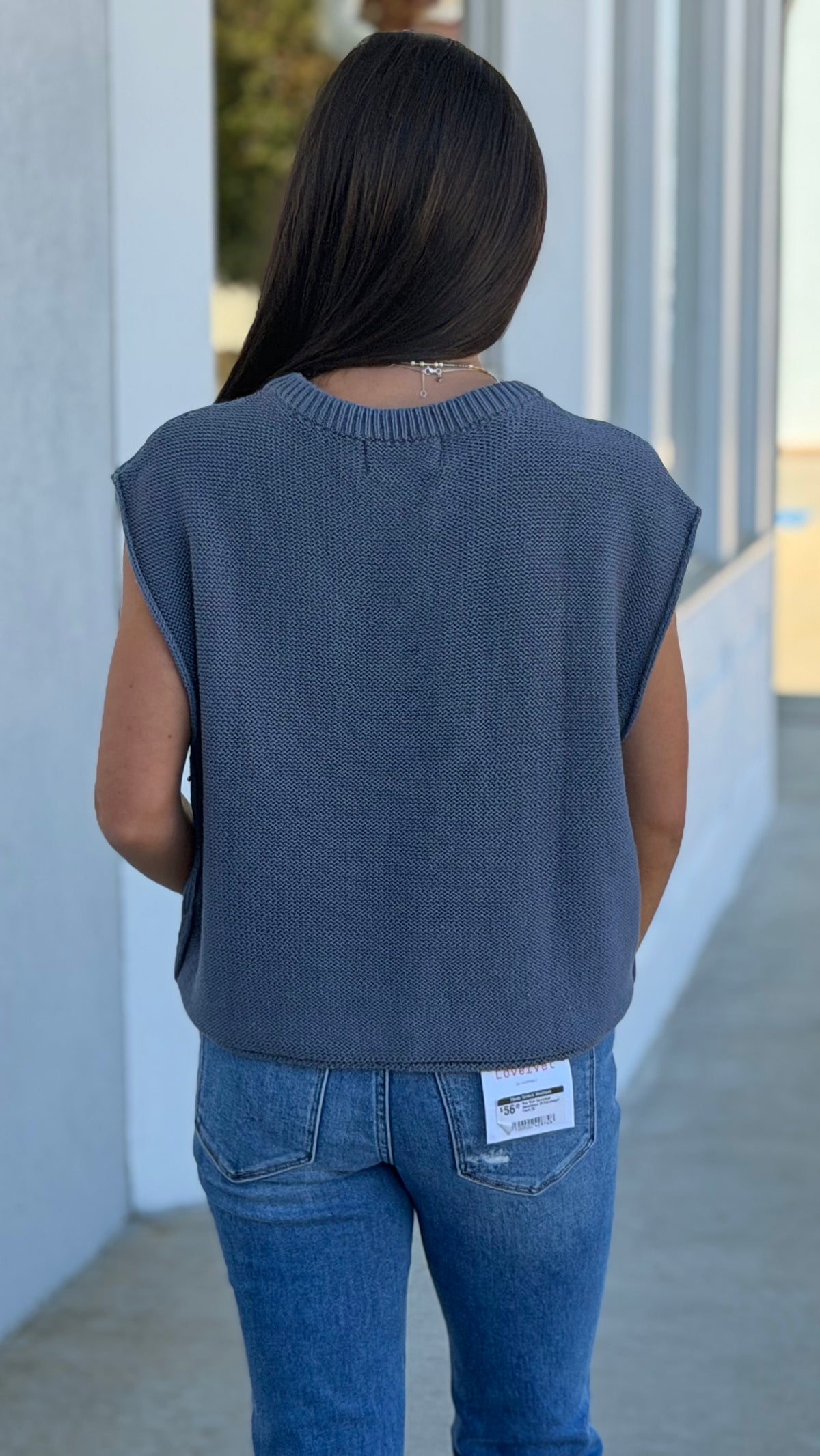 Relaxed Cotton Exposed Seam Sweater Vest , Denim Blue