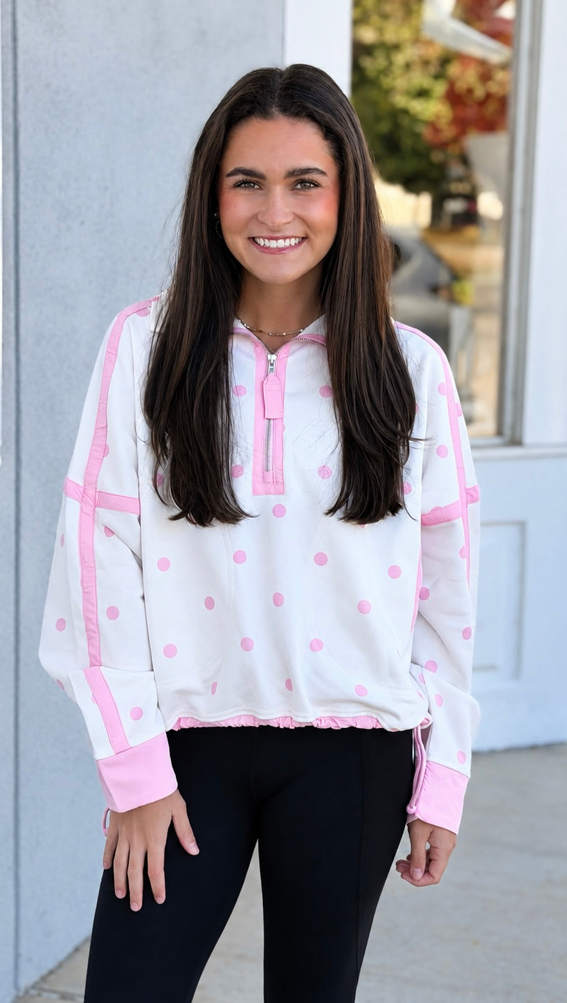 Pink/White Polka Dot Quarter Zip Pullover
