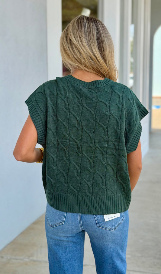 Cable Knit Cap Sleeve Sweater Top, Dark Green