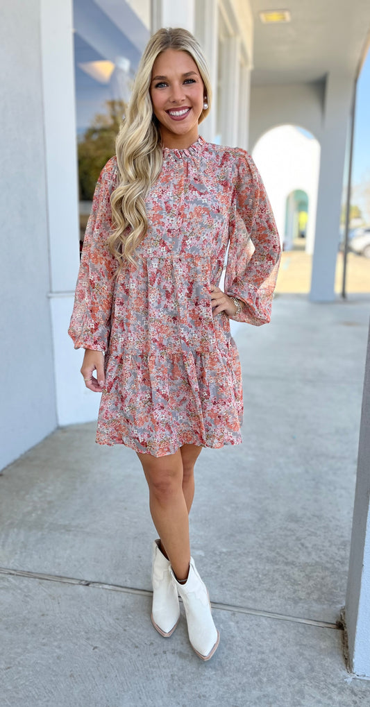 Grey Floral Tiered Dress