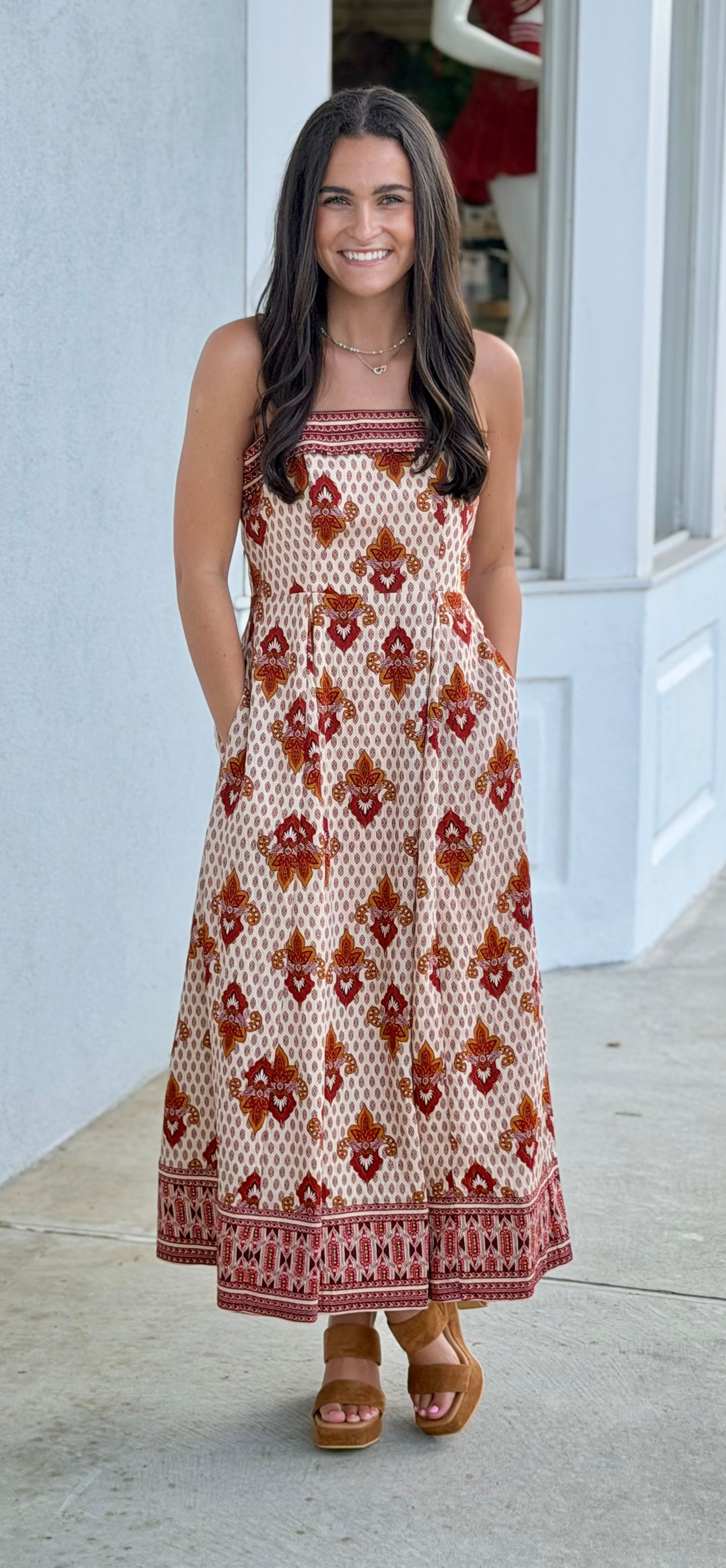 Rust Spaghetti Detail Midi Dress