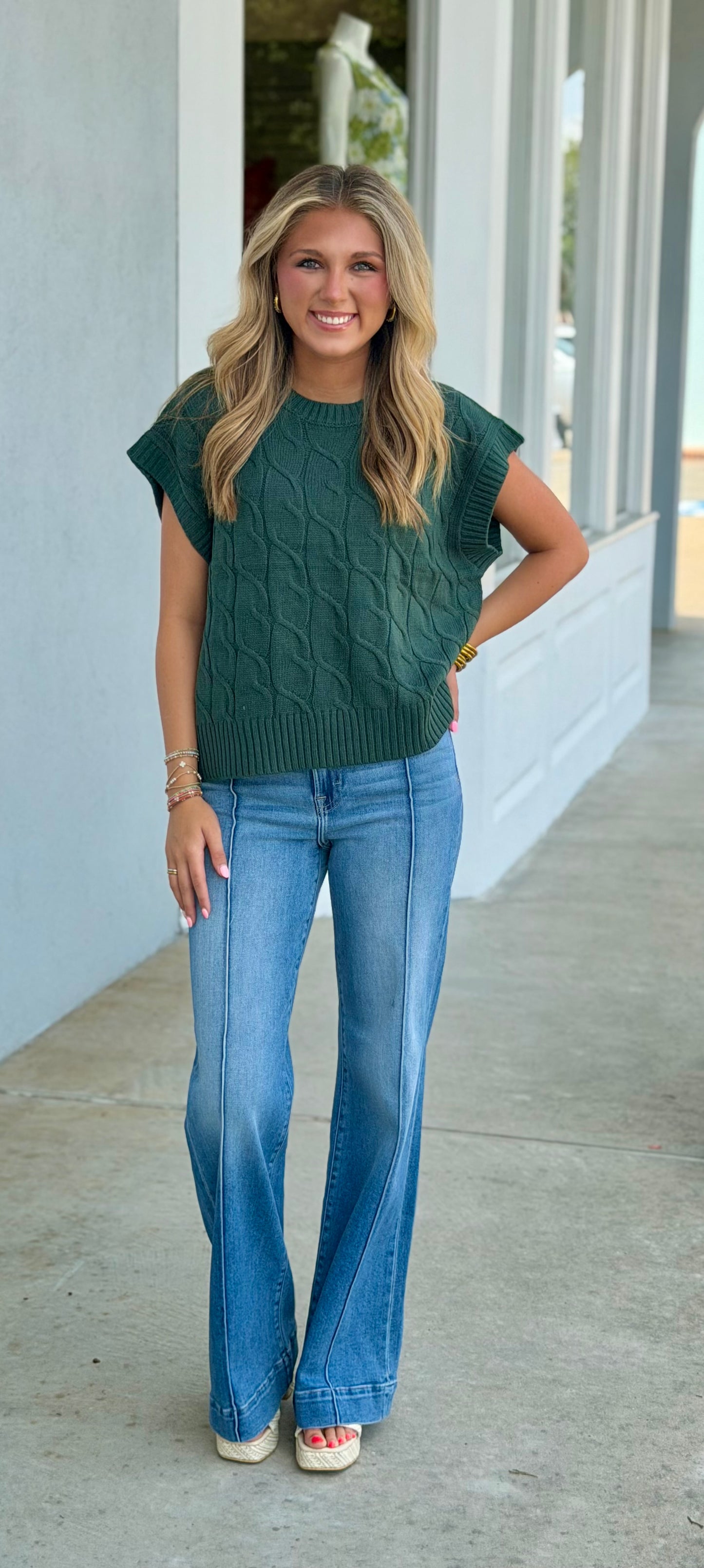 Cable Knit Cap Sleeve Sweater Top, Dark Green