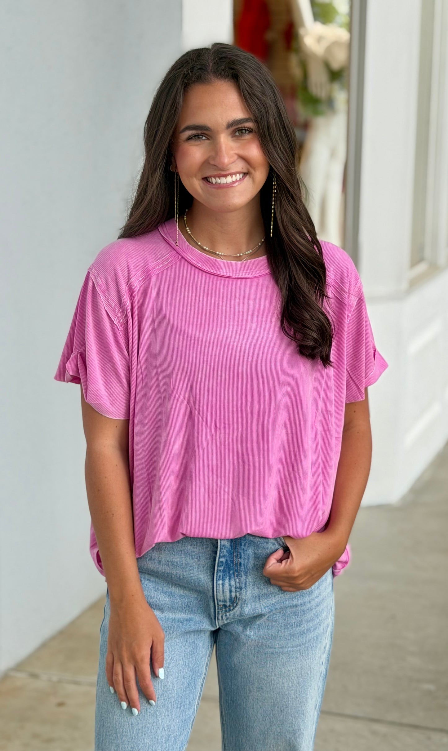Washed Ribbed Boat Neck Top, Candy Pink