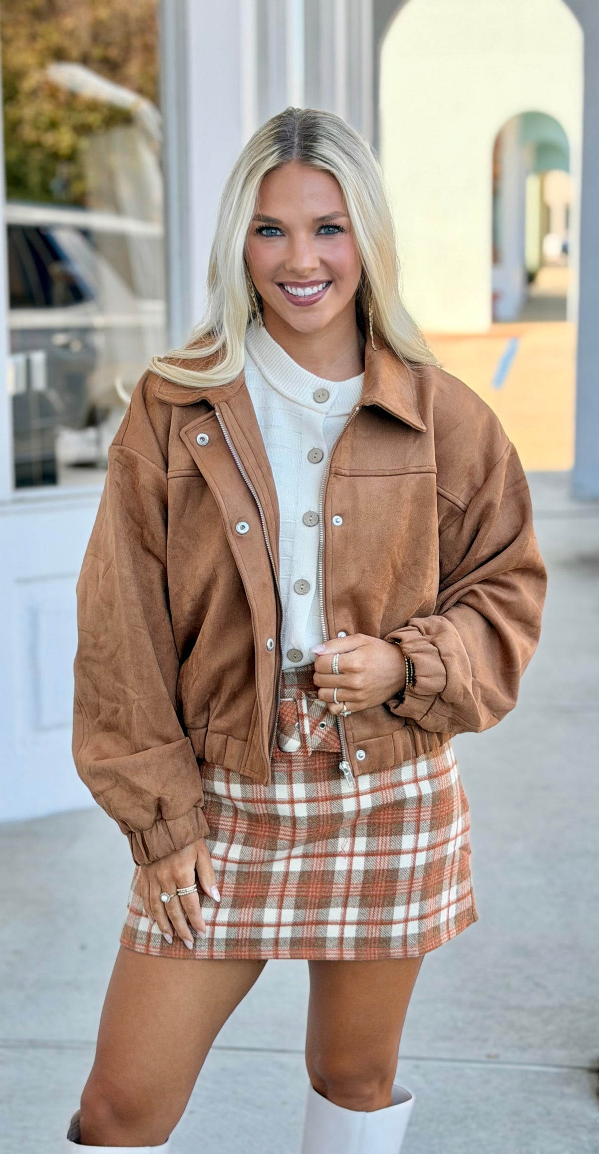 Suede Cropped Bomber Jacket, Camel