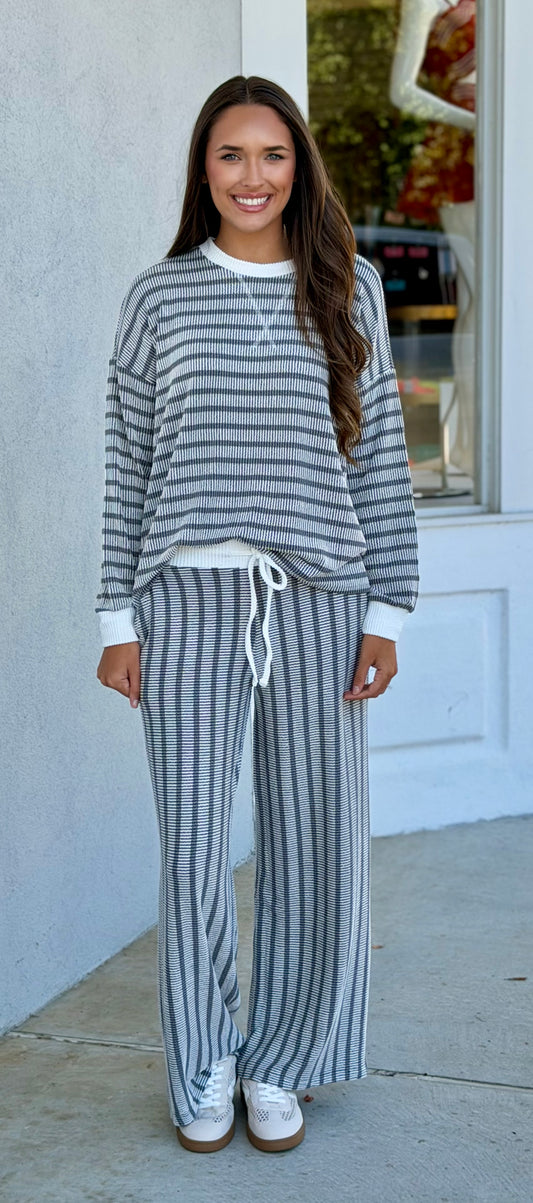 Raised Rib Striped Pullover & Pants SET, Grey
