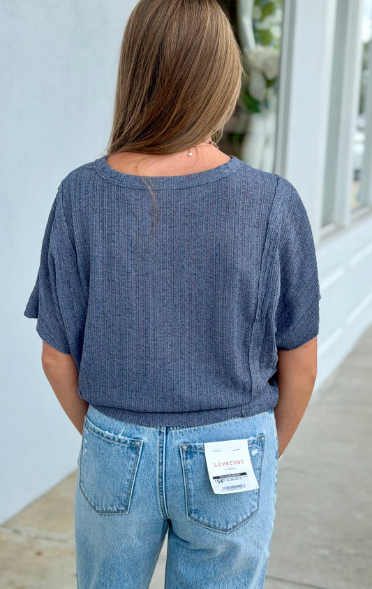 Raw Edge Exposed Seam Crop Top, Ash Blue