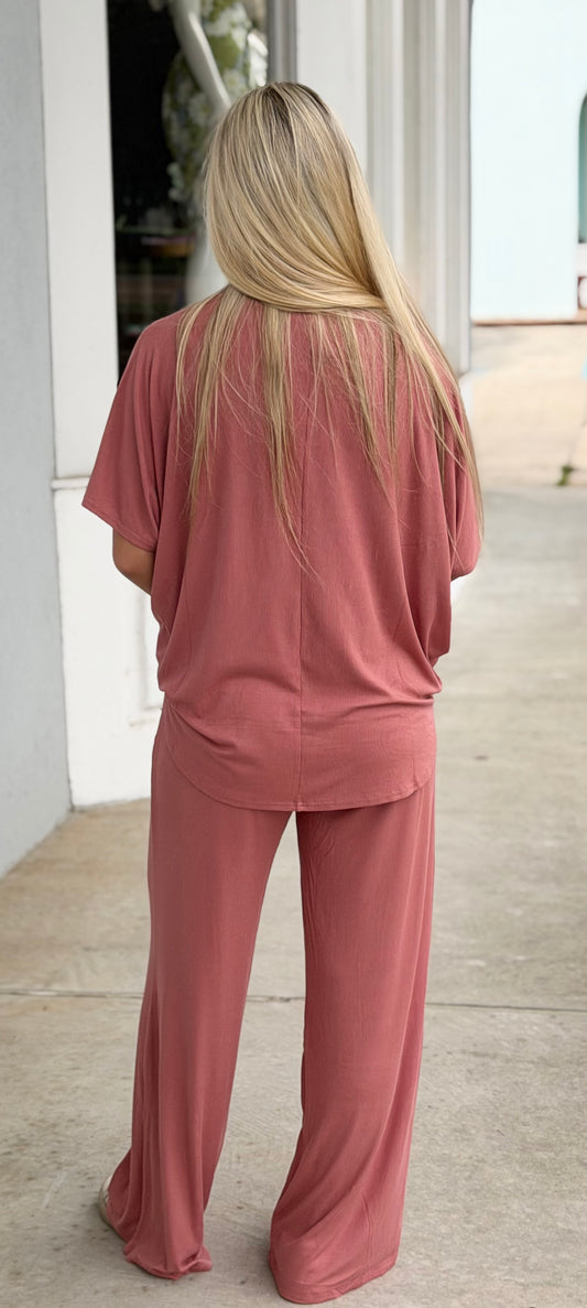 Ribbed Rayon Top & Pants SET, Winter Rose