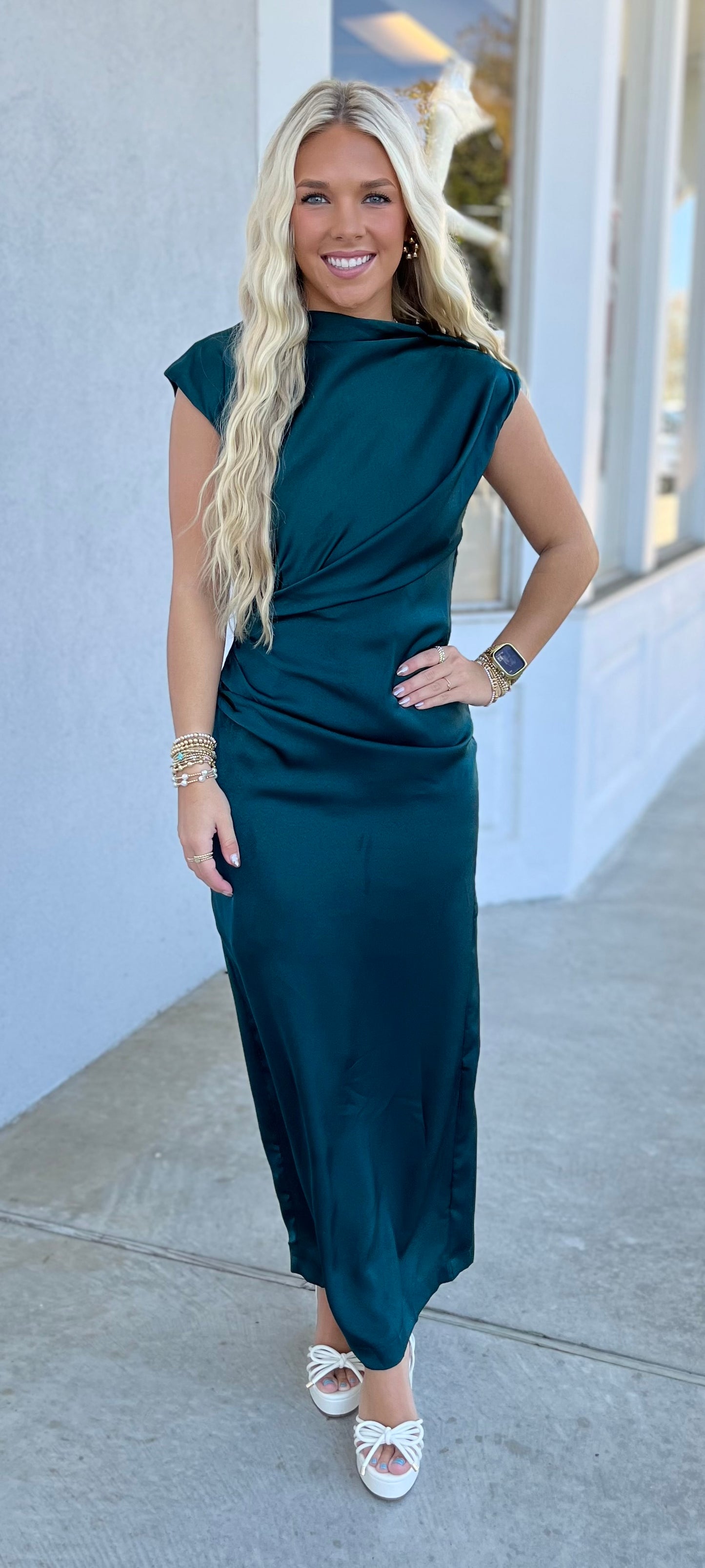 Green Cap Sleeve Mock Neck Dress