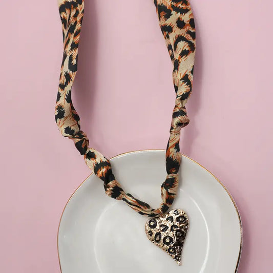 Handmade Scarf Charm Necklace, Leopard Heart