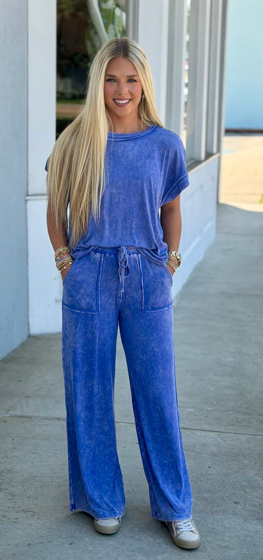 Ribbed Acid Wash Top & Pants SET, Lt Indigo