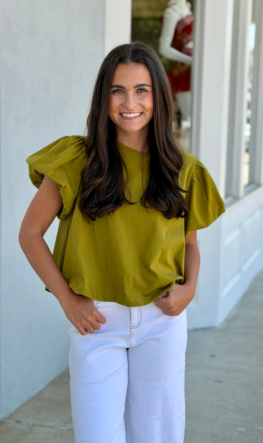 Martini Olive Casual Top w/Puff Sleeves