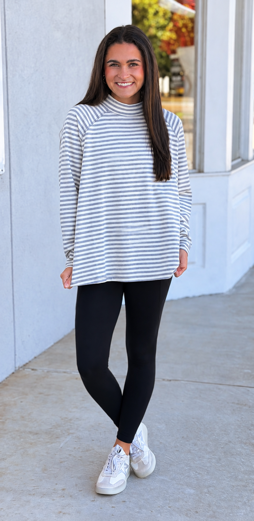H Grey/Ivory Stripe Mock Pullover
