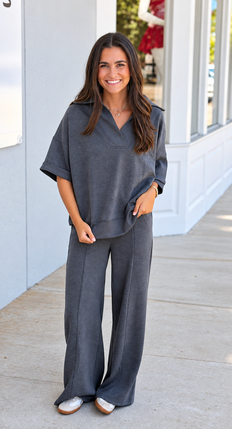 Scuba Collared Short Sleeve Top & Pants SET, Charcoal