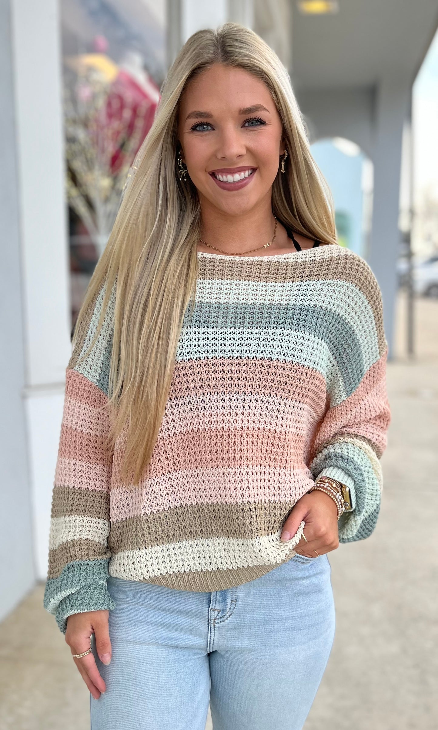 Beige Multi Color Stripe Sweater