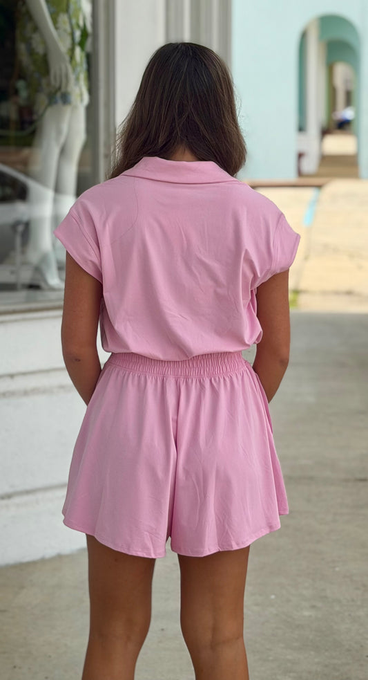 Butter Soft Collar Tennis Romper, Sugar Pink