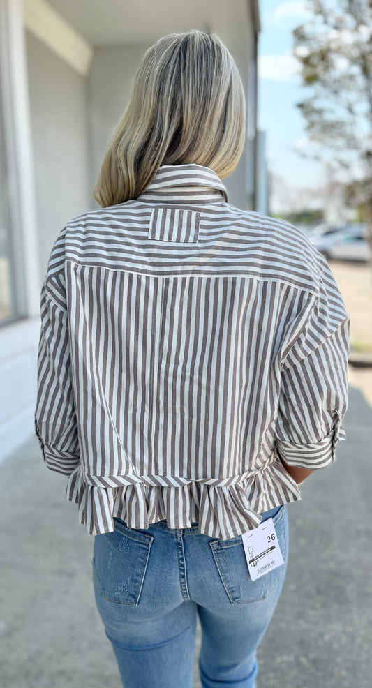 Coco Striped Ruffle Hem Button Up Blouse