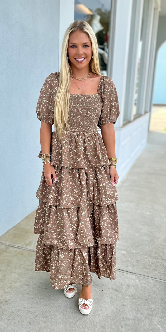 Floral Smocked Maxi Dress W Puff Sleeve