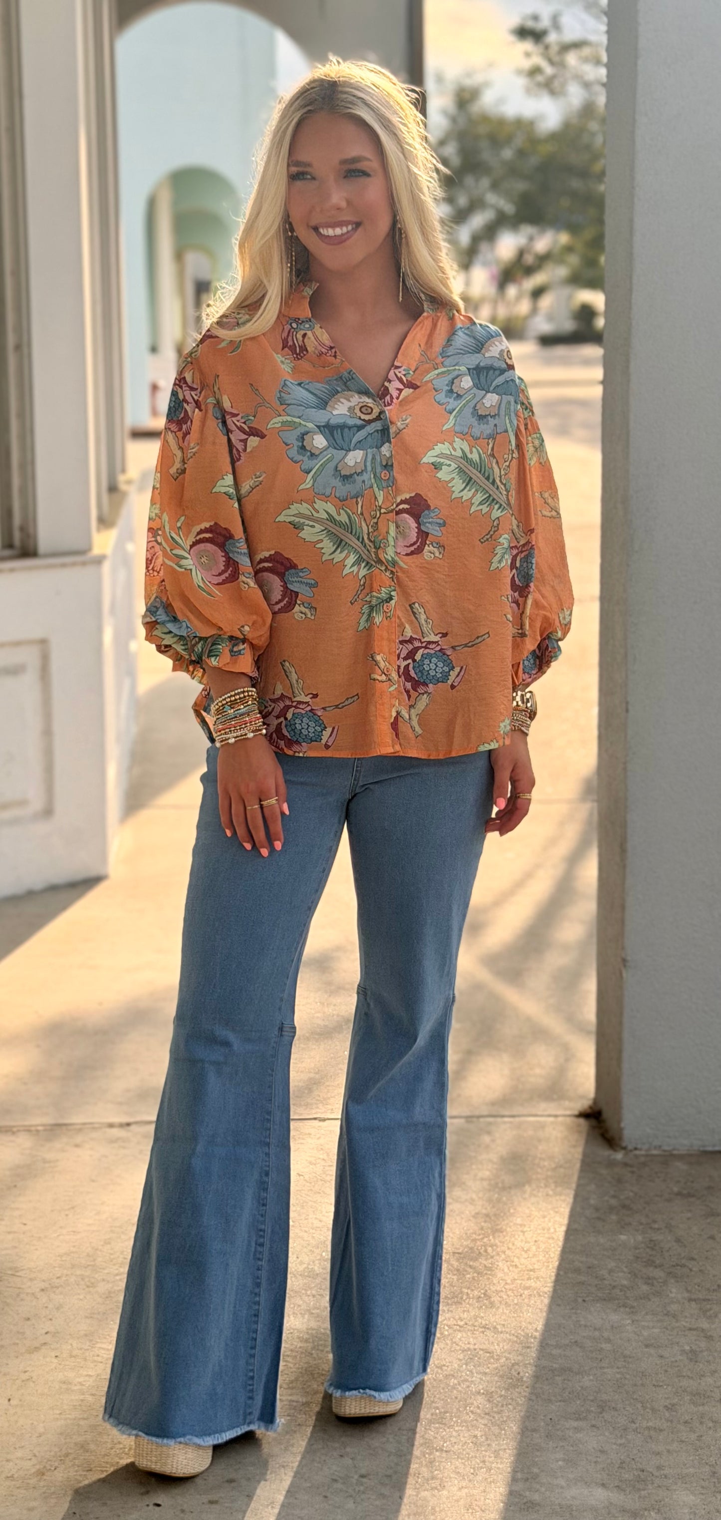 Printed Top 3/4 Gathered Balloon Sleeve, Coral