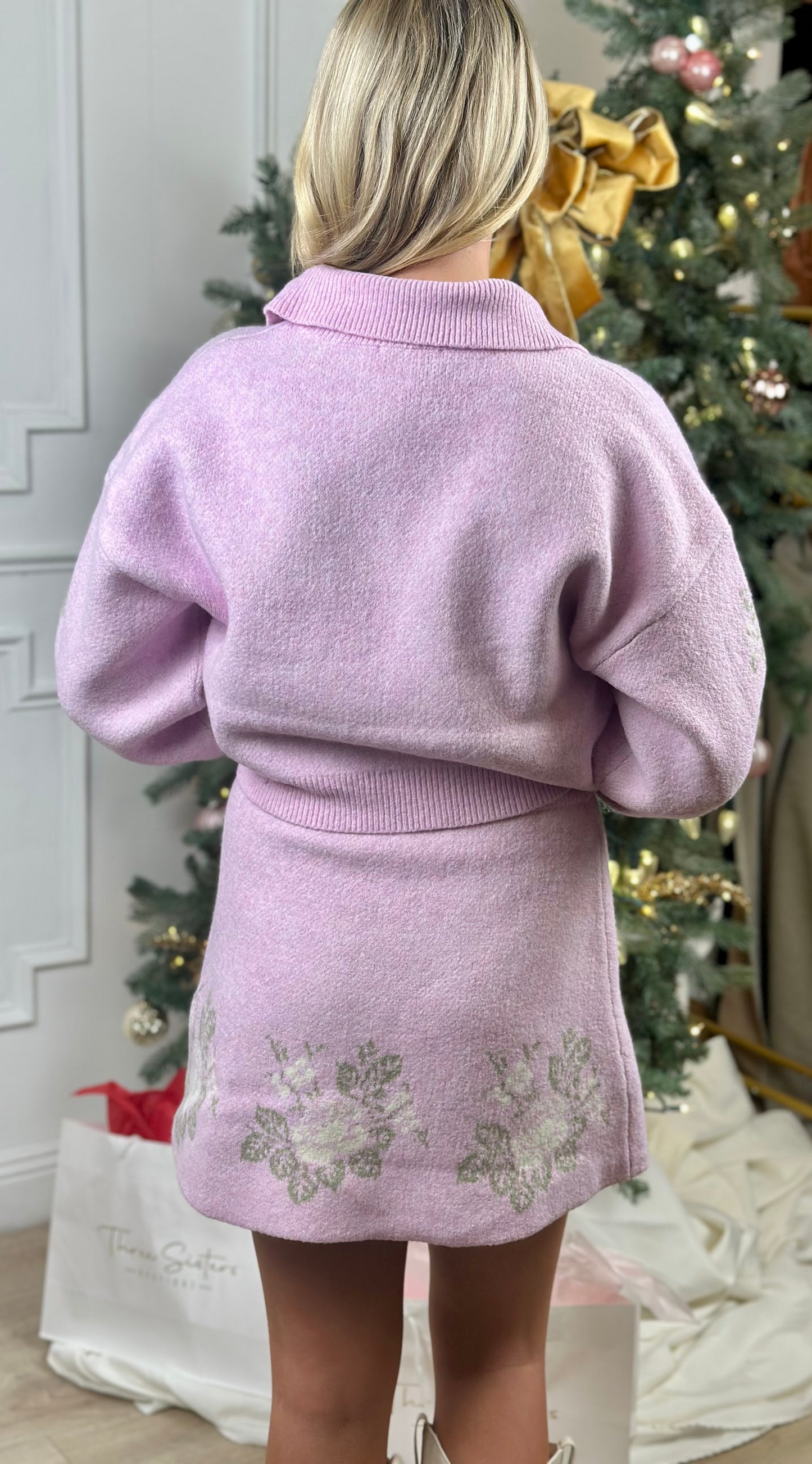 Pink Floral Knit Top and Skirt Set