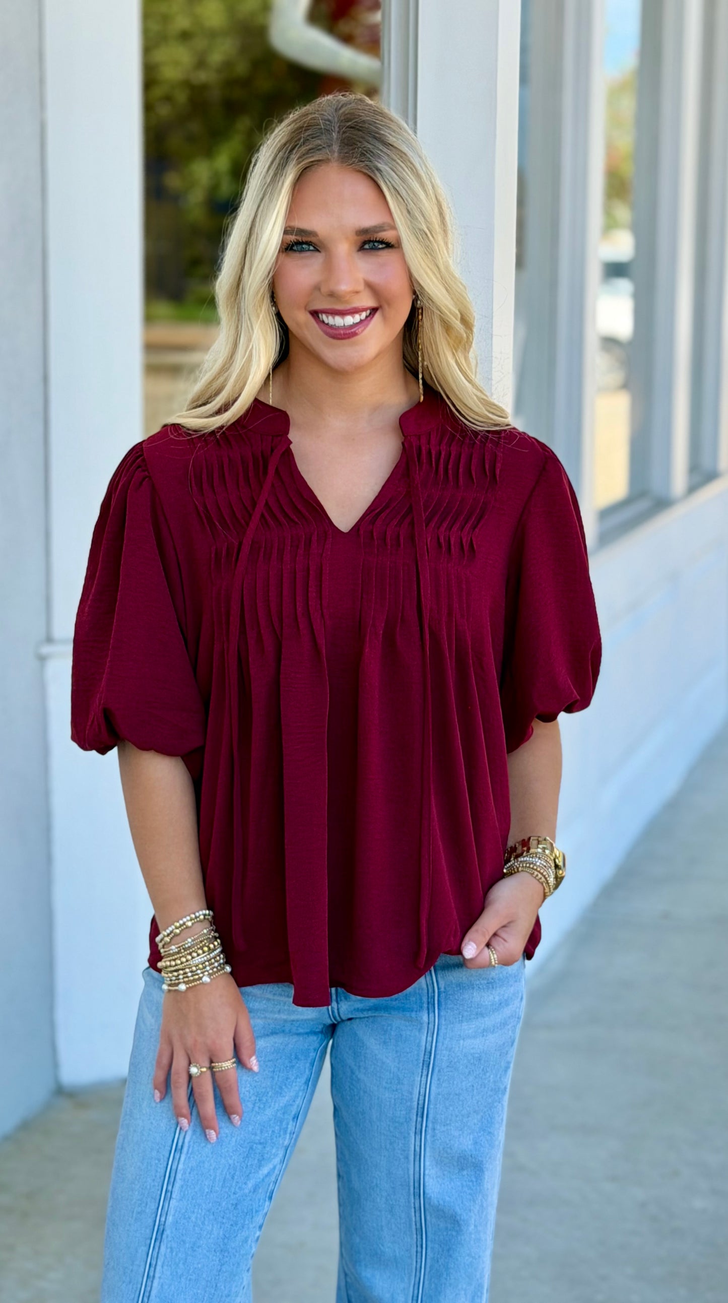 Puff Sleeve Pintuck Detail w/ Neck Tie Top, Wine