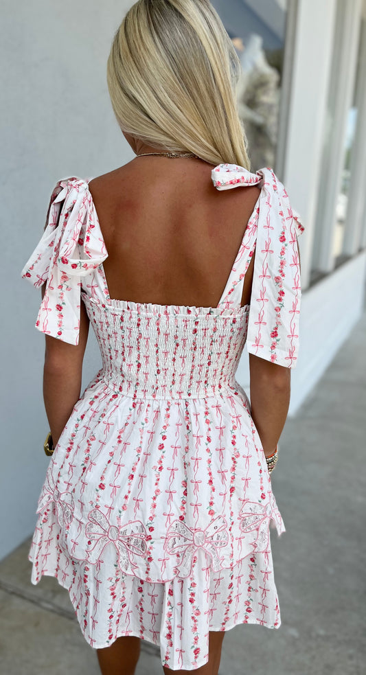 Off White Coral Tie Strap Smocked Dress