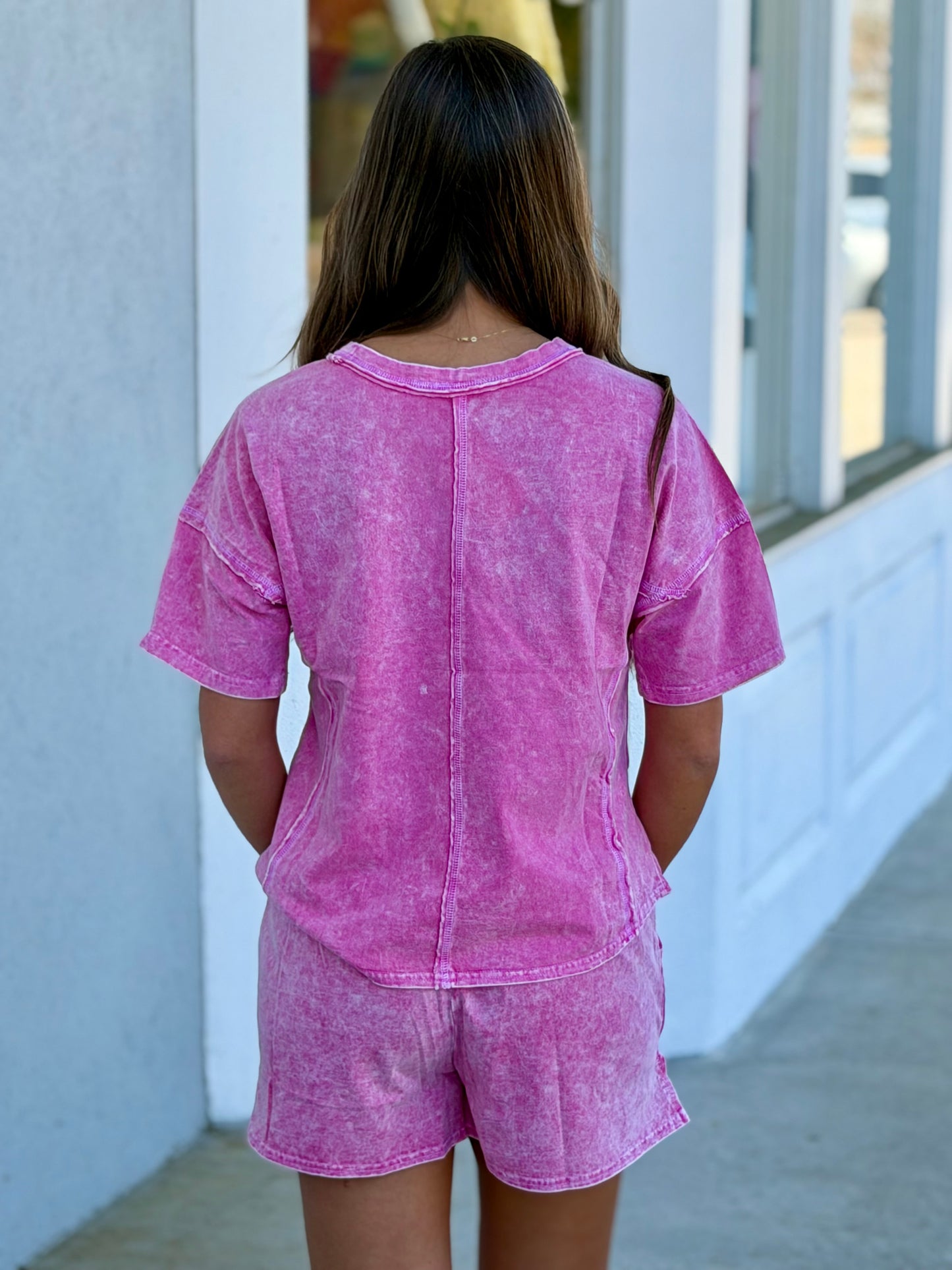 Halo Snow Washed Top & Short SET, Hot Pink