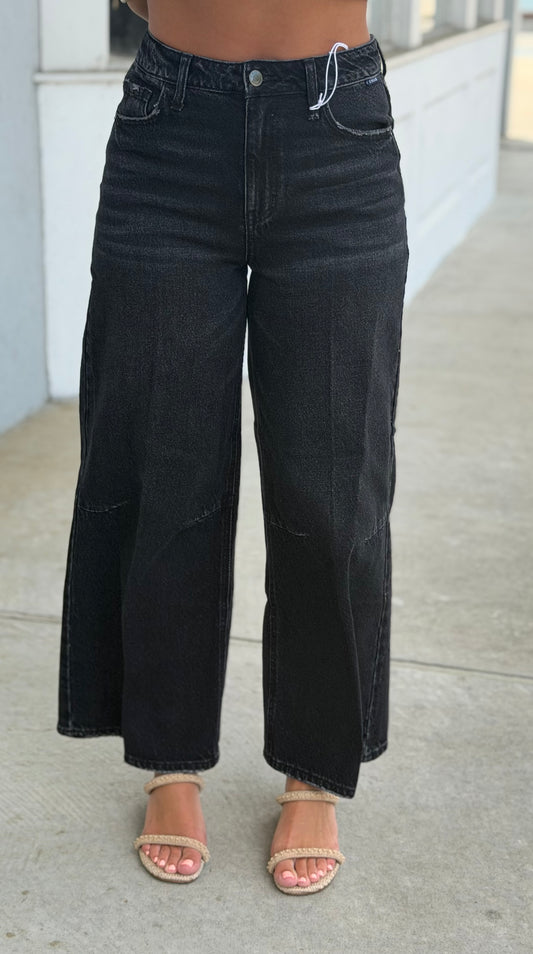 Washed Black High Rise Crop Wide Leg Jean