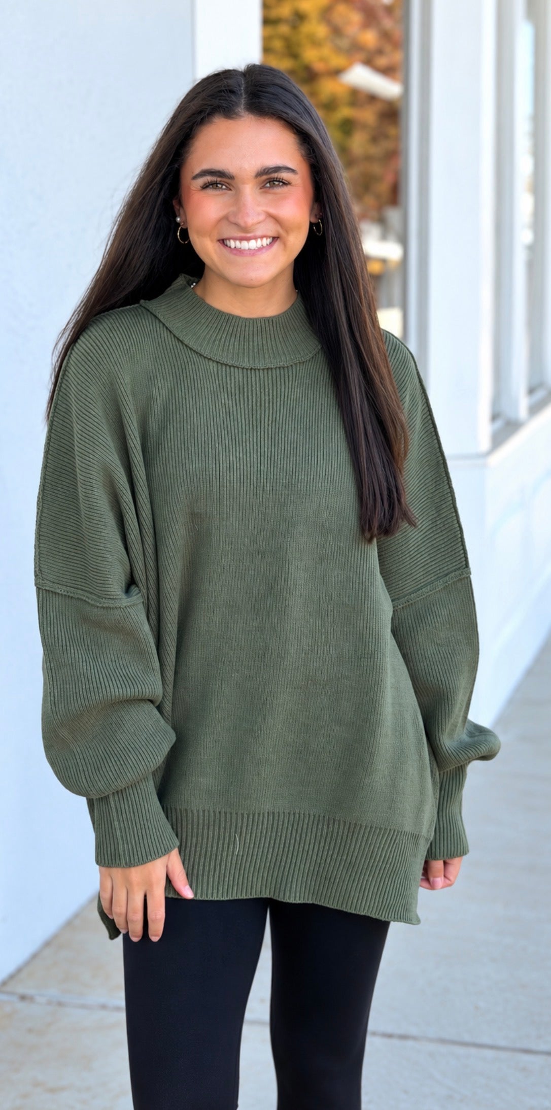 Side Slit Oversized Sweater, Lt Olive
