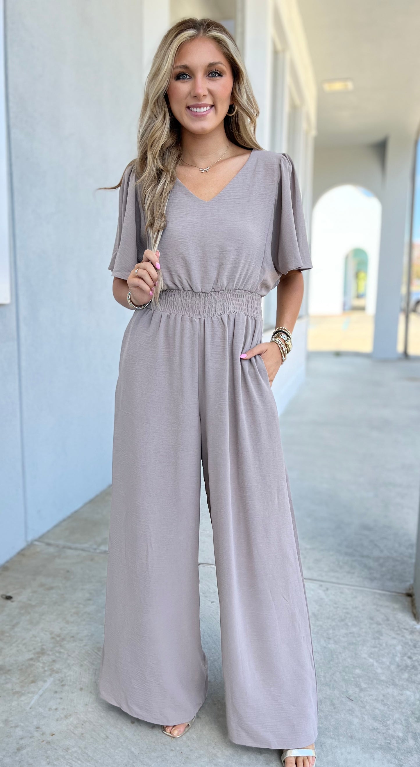 Lt Mocha Flouce Sleeve Jumpsuit