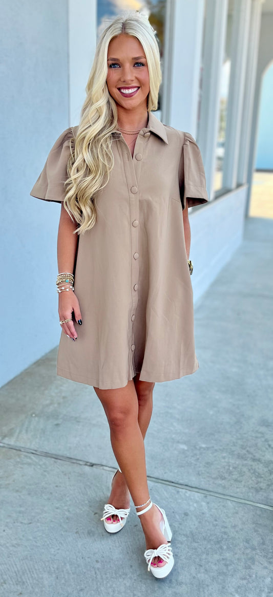 Taupe Collar Neck Button Down Dress