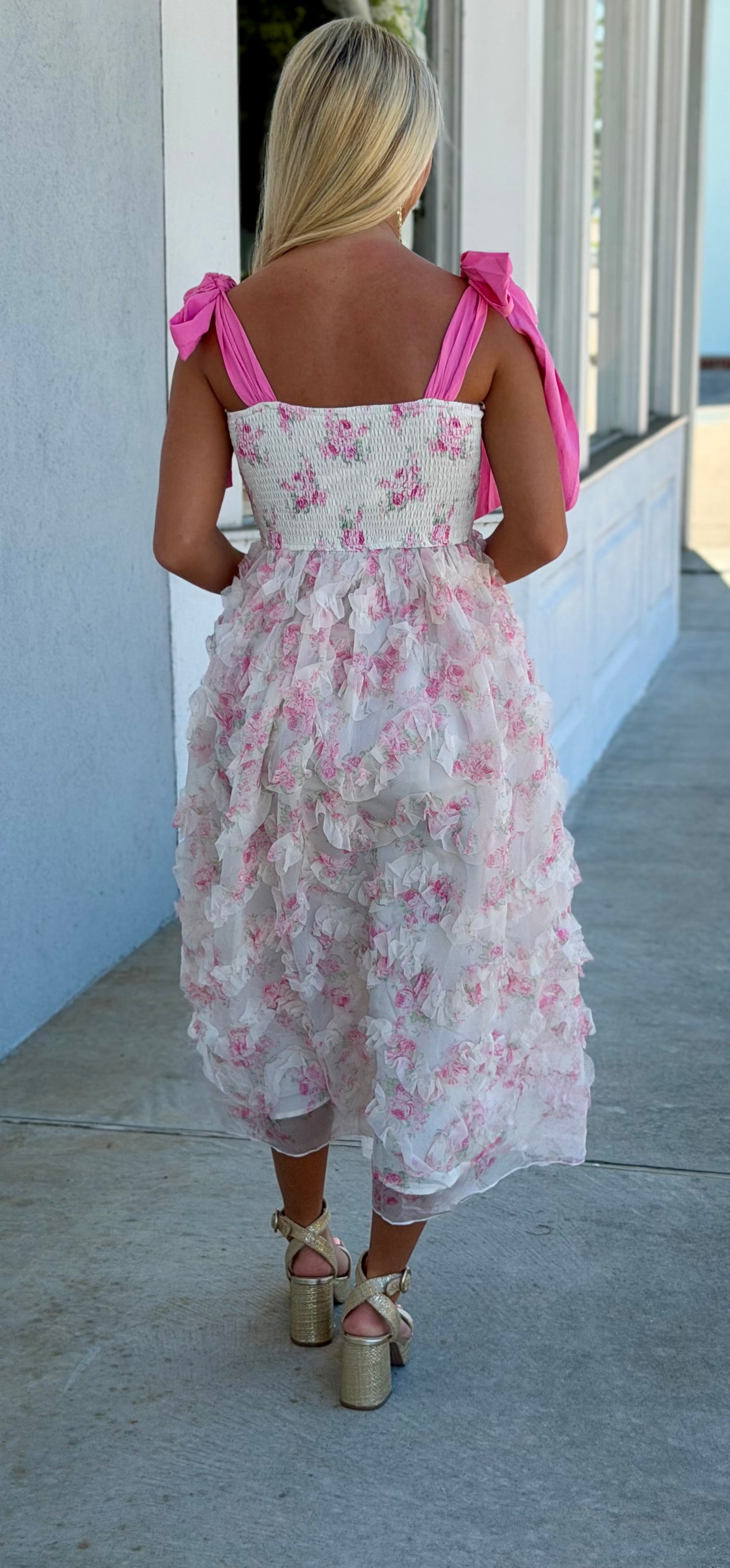 Cream/Pink Floral Print Smocking Detail Ruffle Dress