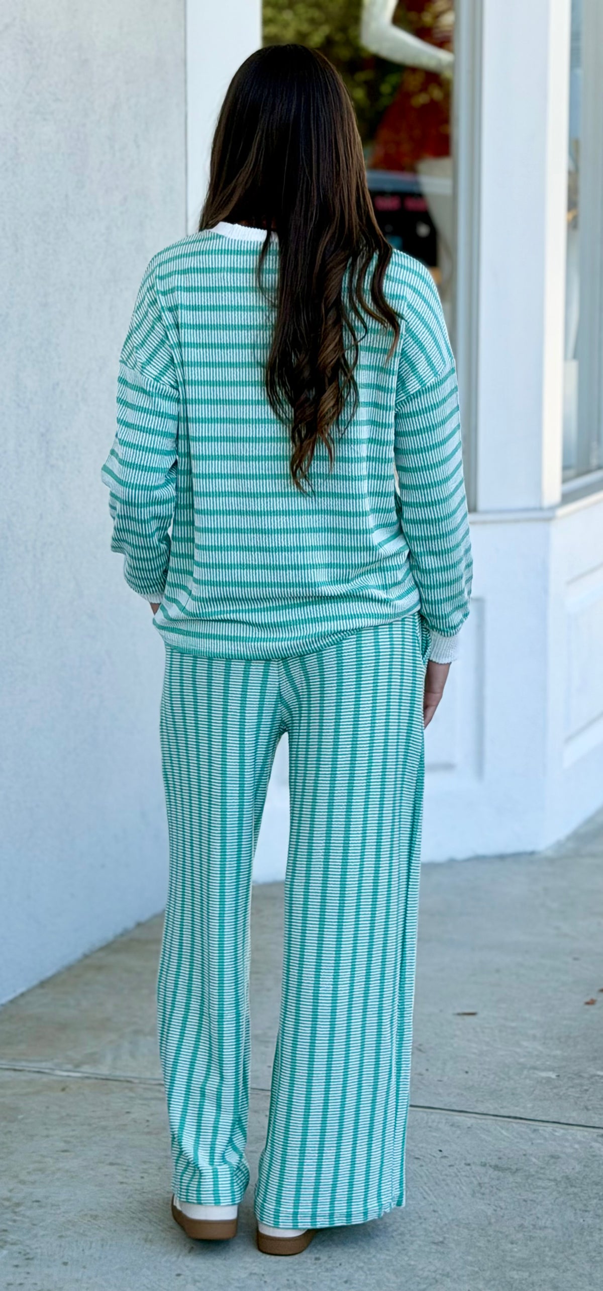 Raised Rib Striped Pullover & Pants SET, Jade