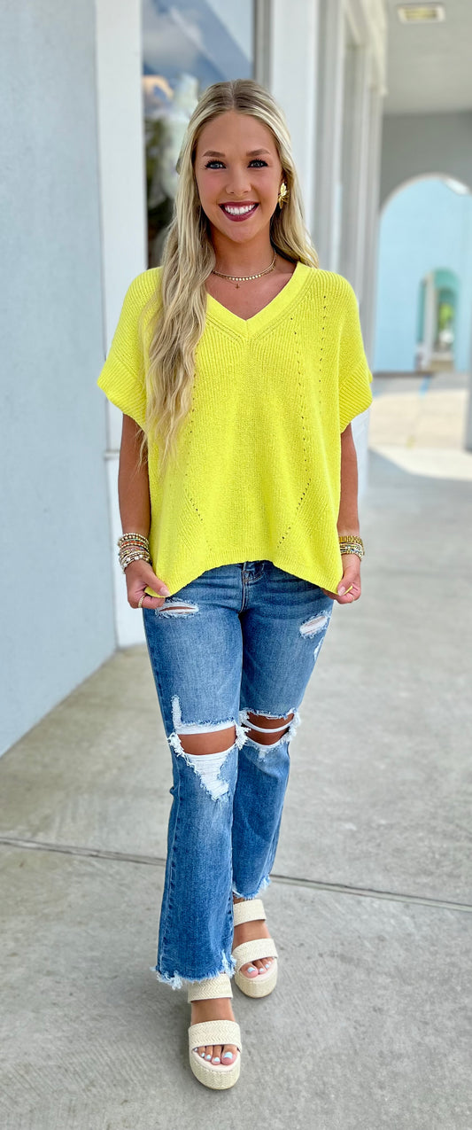 V-Neck Lightweight Sweater with Side Slit, Neon Yellow