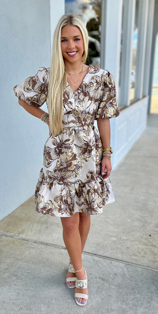 Jacquard Puff Sleeve V Neck Dress , Mocha/Gold