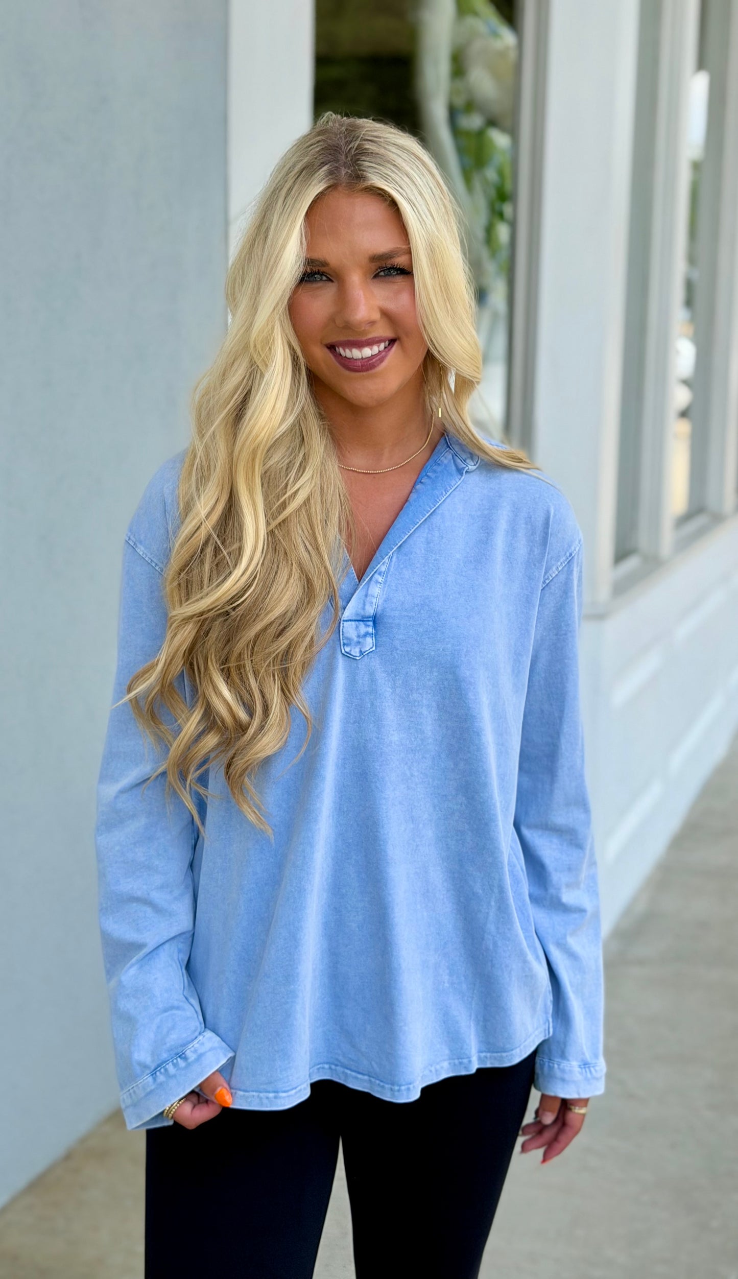 Mineral Washed Knit Collar Top, Blue