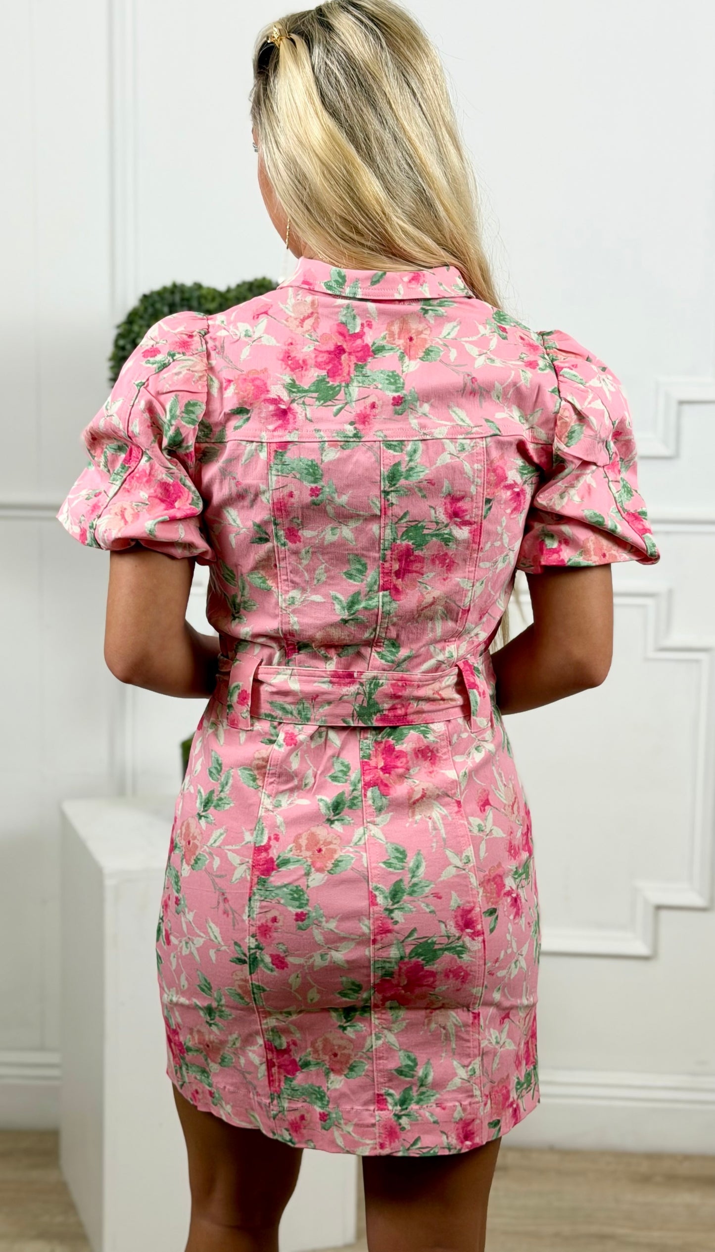 Floral Print Belted Button Down Dress
