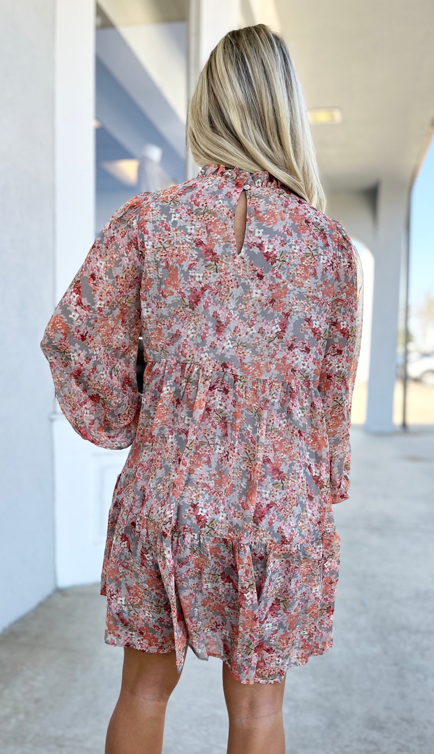 Grey Floral Tiered Dress