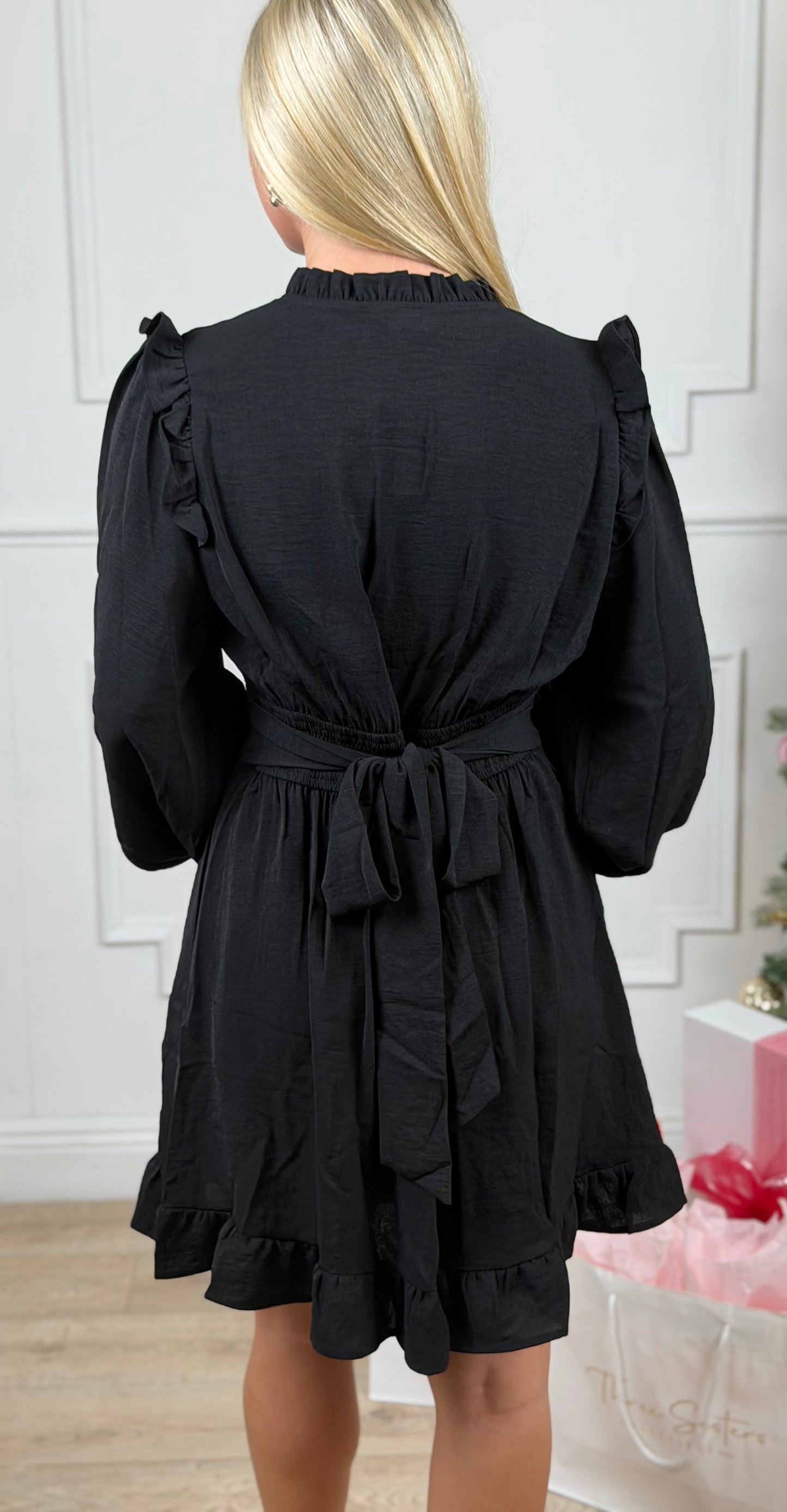 Black Ruffle Detail Front Pleated Dress