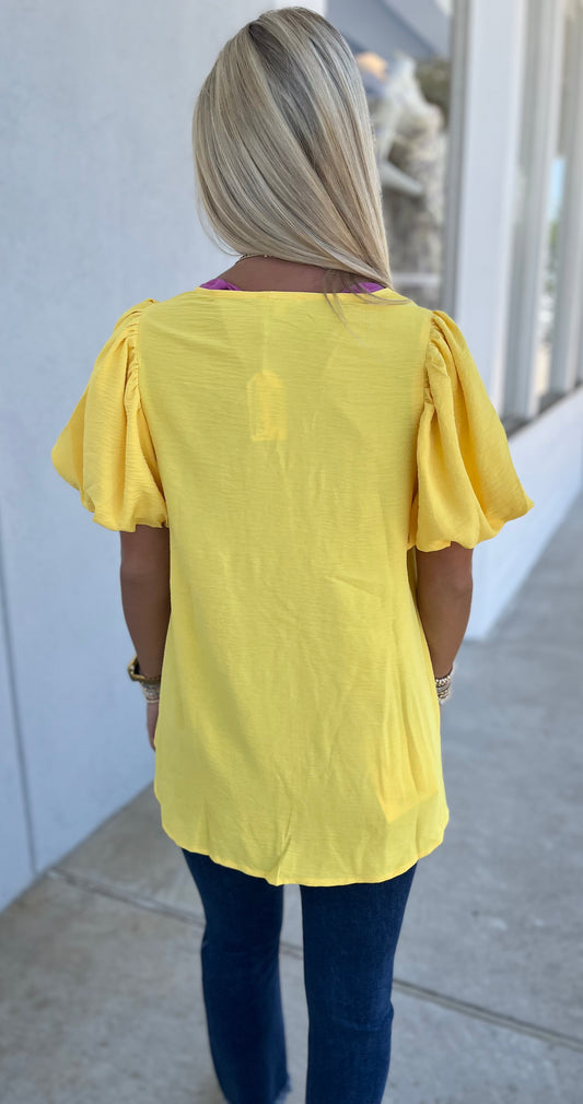 Puff Sleeve V Neck Top , Yellow